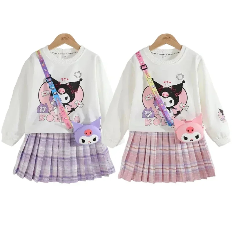 Kids’ Spring/Autumn 2-Piece Set – Kuromi Sweater & Checkered Pleated Skirt