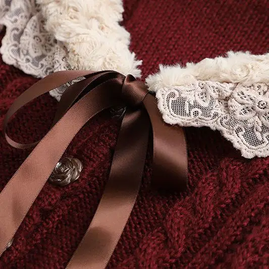 Women’s 2022 Autumn/Winter Wine Red Lace Doll Neck Sweater – Soft Vintage Style - Image 6