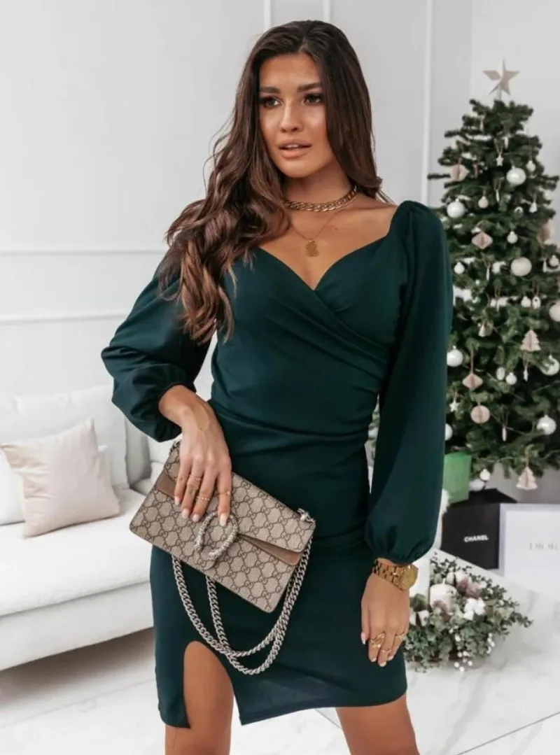 Women’s Clothing Autumn/Winter V-Neck Cross Long Sleeve Pullover Dress - Image 4