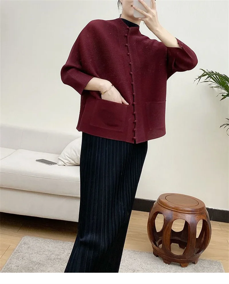 Woman Clothing Bat Sleeve Loose Pleated T-Shirt Jacket with Pocket - Image 29