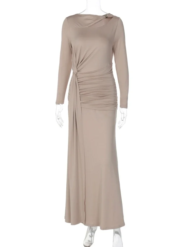 Woman Clothing 2025 Autumn High Waist Bandage Ruched Long Dress - Image 5