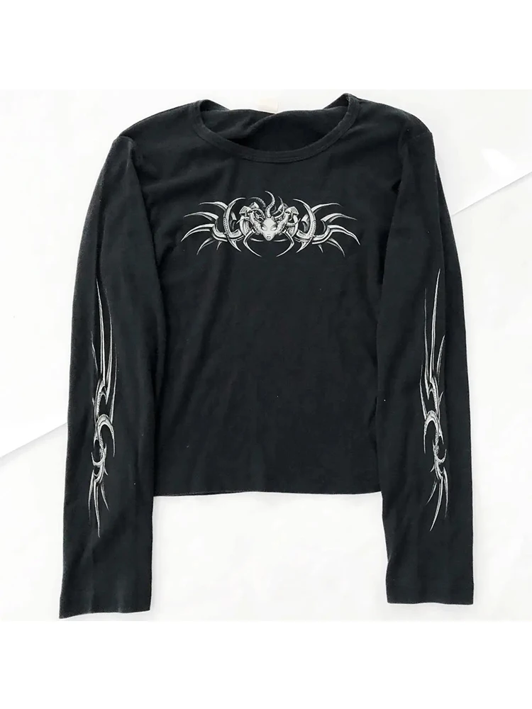 Woman Gothic Y2K O-Neck Long Sleeve Skull Crop Top - Image 5