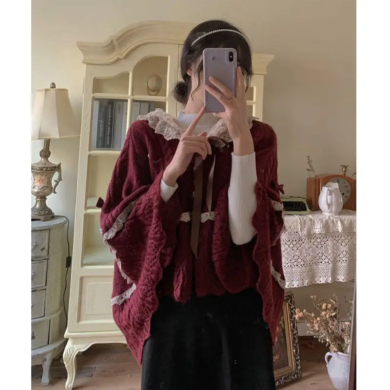 Women’s 2022 Autumn/Winter Wine Red Lace Doll Neck Sweater – Soft Vintage Style