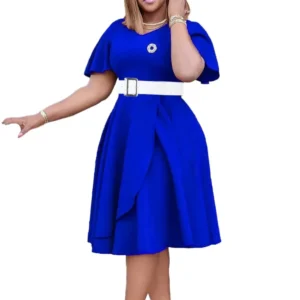 Women’s Elegant V-Neck Ruffle Sleeve Pleated Mid-Calf Dress – Party & Birthday