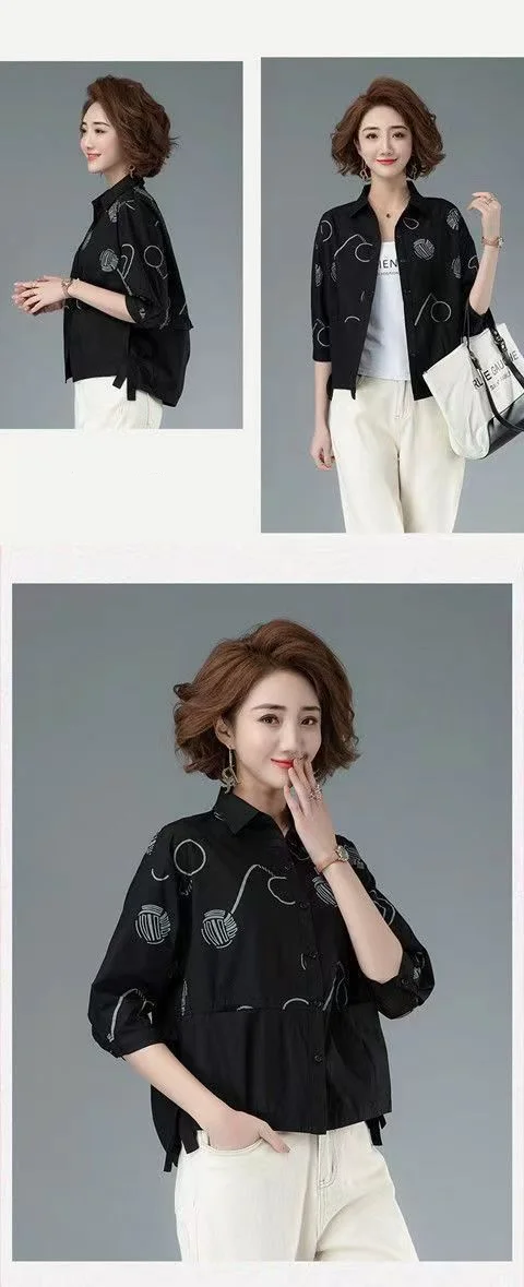 Women’s 2023 Autumn/Winter Printed Polo Collar 3/4 Sleeve Casual Shirt - Image 16