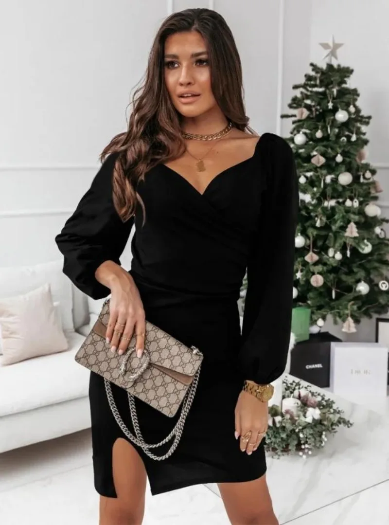 Women’s Clothing Autumn/Winter V-Neck Cross Long Sleeve Pullover Dress - Image 19