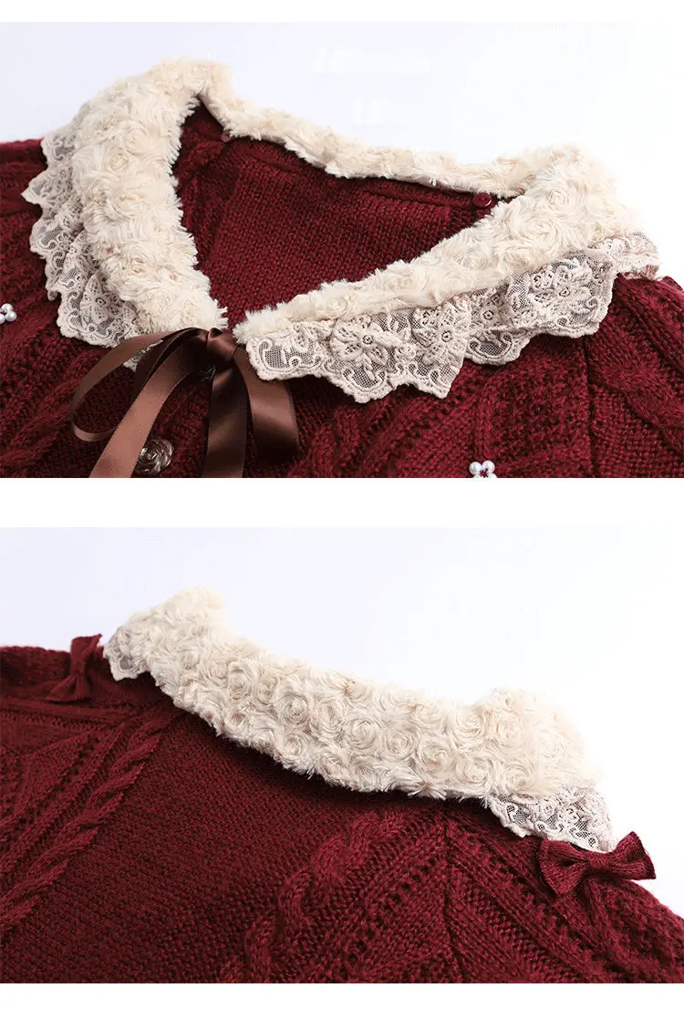 Women’s 2022 Autumn/Winter Wine Red Lace Doll Neck Sweater – Soft Vintage Style - Image 11