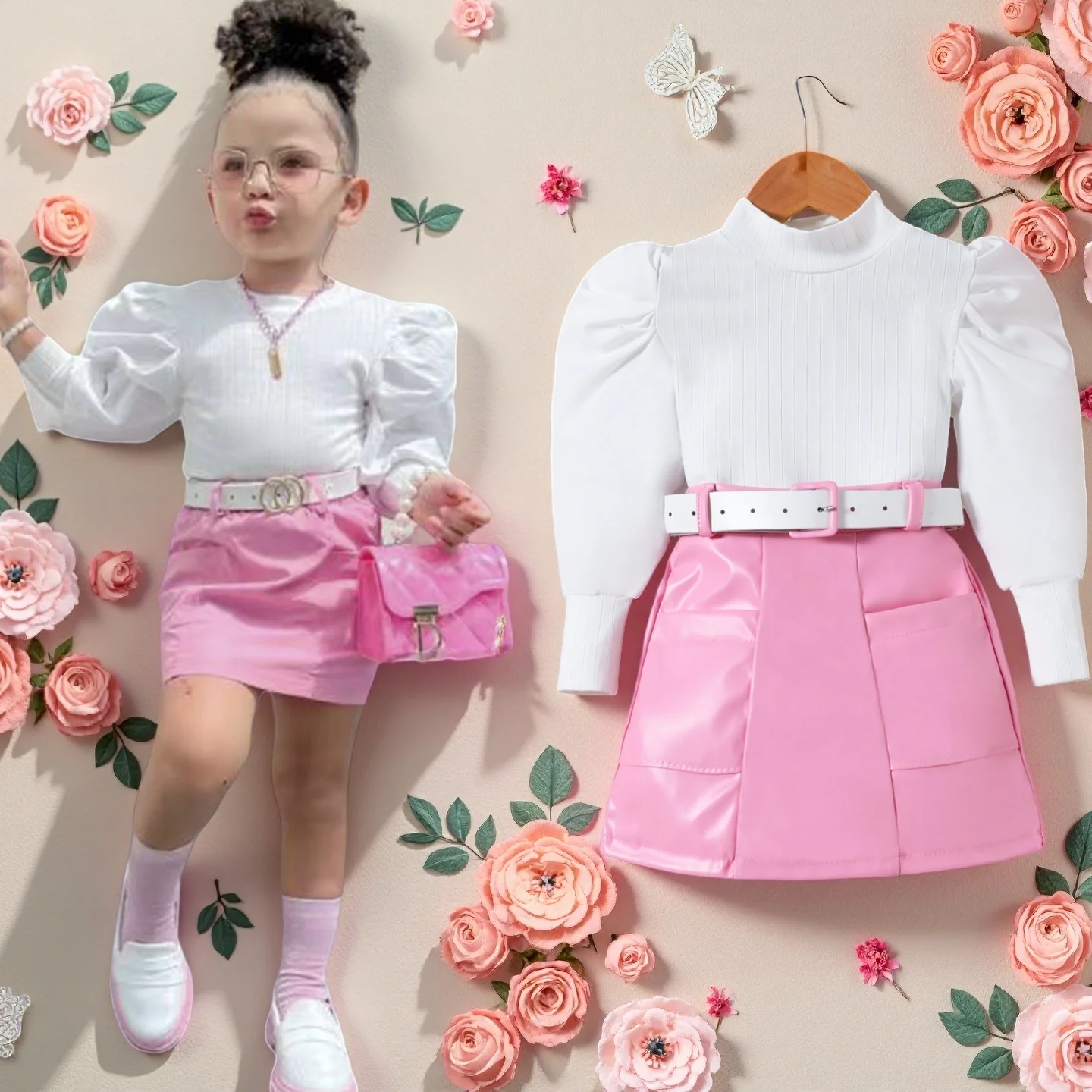 Girls’ 2-Piece Outfit – Long-Sleeve Top & Skirt for Toddlers