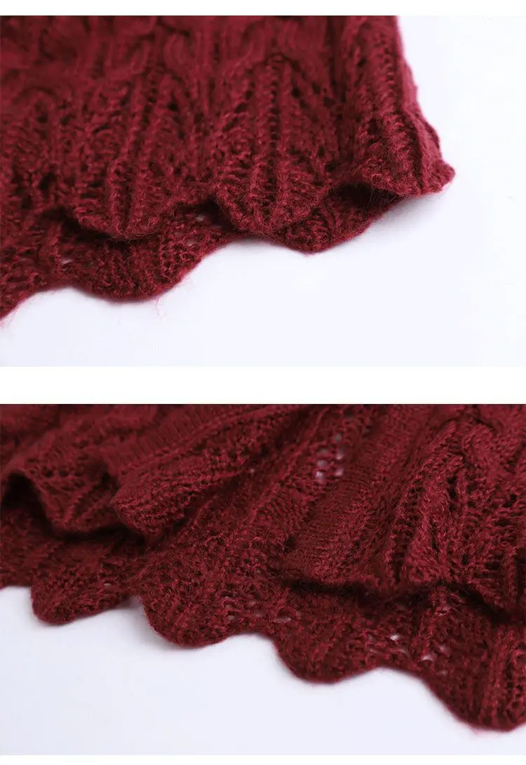 Women’s 2022 Autumn/Winter Wine Red Lace Doll Neck Sweater – Soft Vintage Style - Image 14